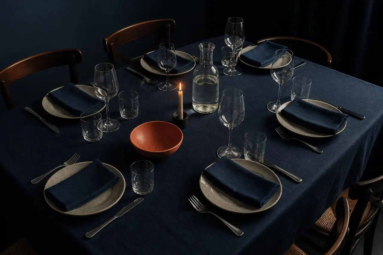 Table dressée avec soin pour six convives dans un restaurant