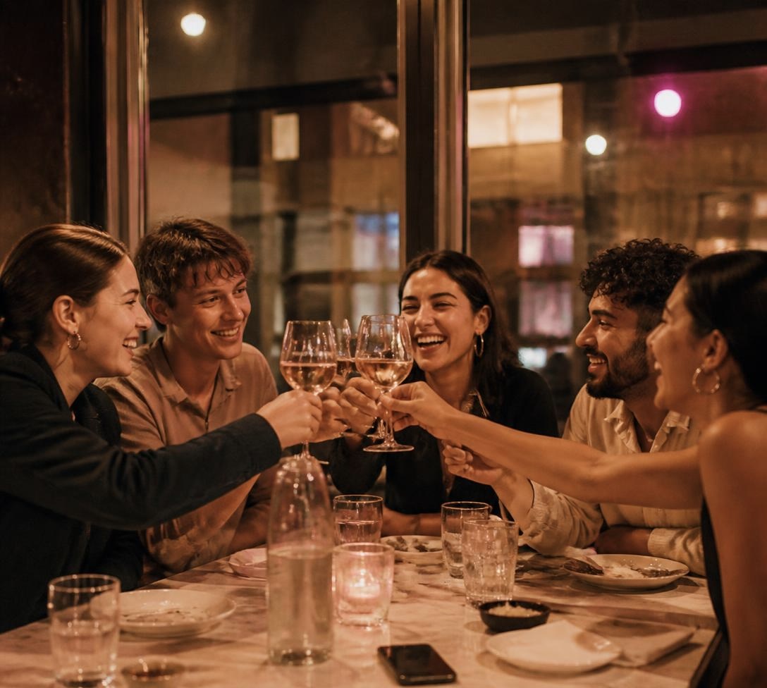 Cinq convives trinquent et rient autour d’une table