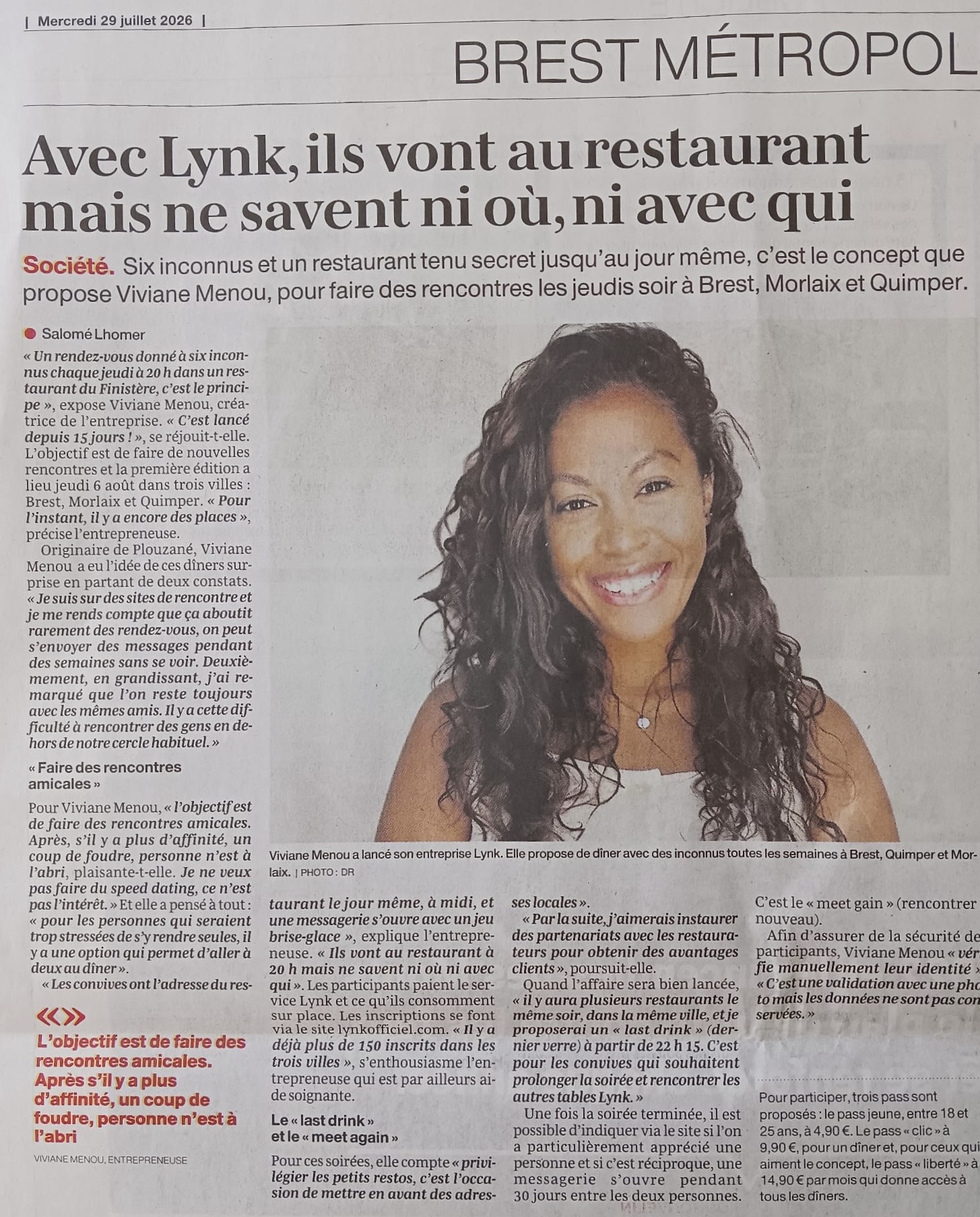 Coupure de presse Ouest-France du 29 juillet 2026 : « Avec Lynk, ils vont au restaurant mais ne savent ni où, ni avec qui »