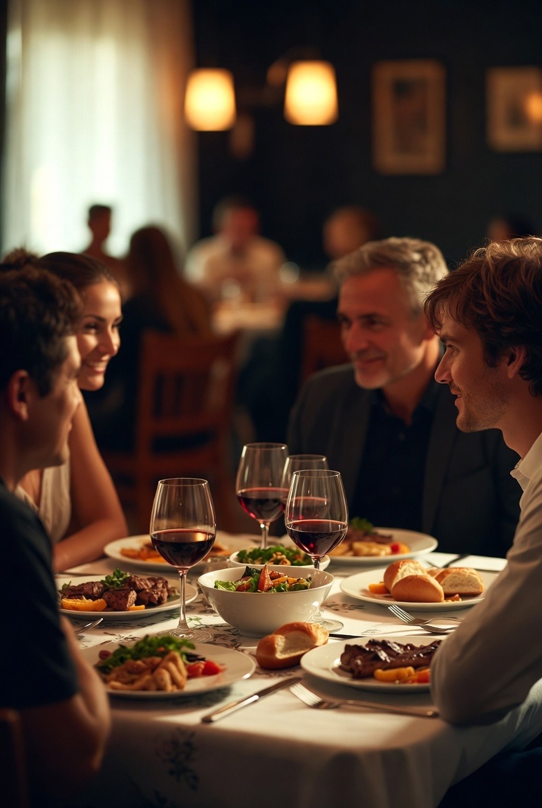 Quatre convives discutent autour d’un dîner