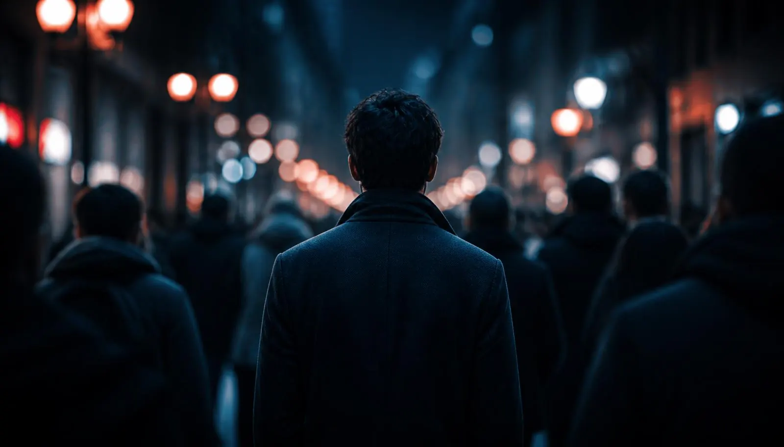 Une personne seule au milieu d'une rue passante, le soir