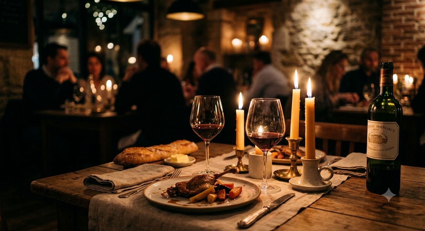 Une table de restaurant préparée dans une ambiance chaleureuse