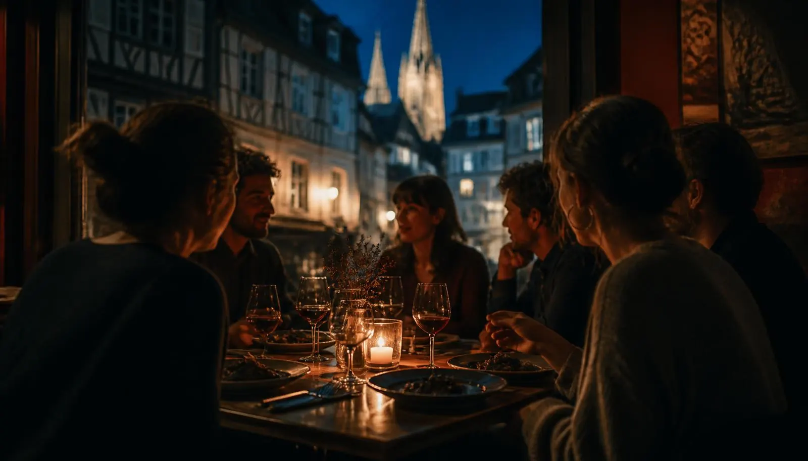 Une tablée de six convives un soir de semaine dans un restaurant à Quimper