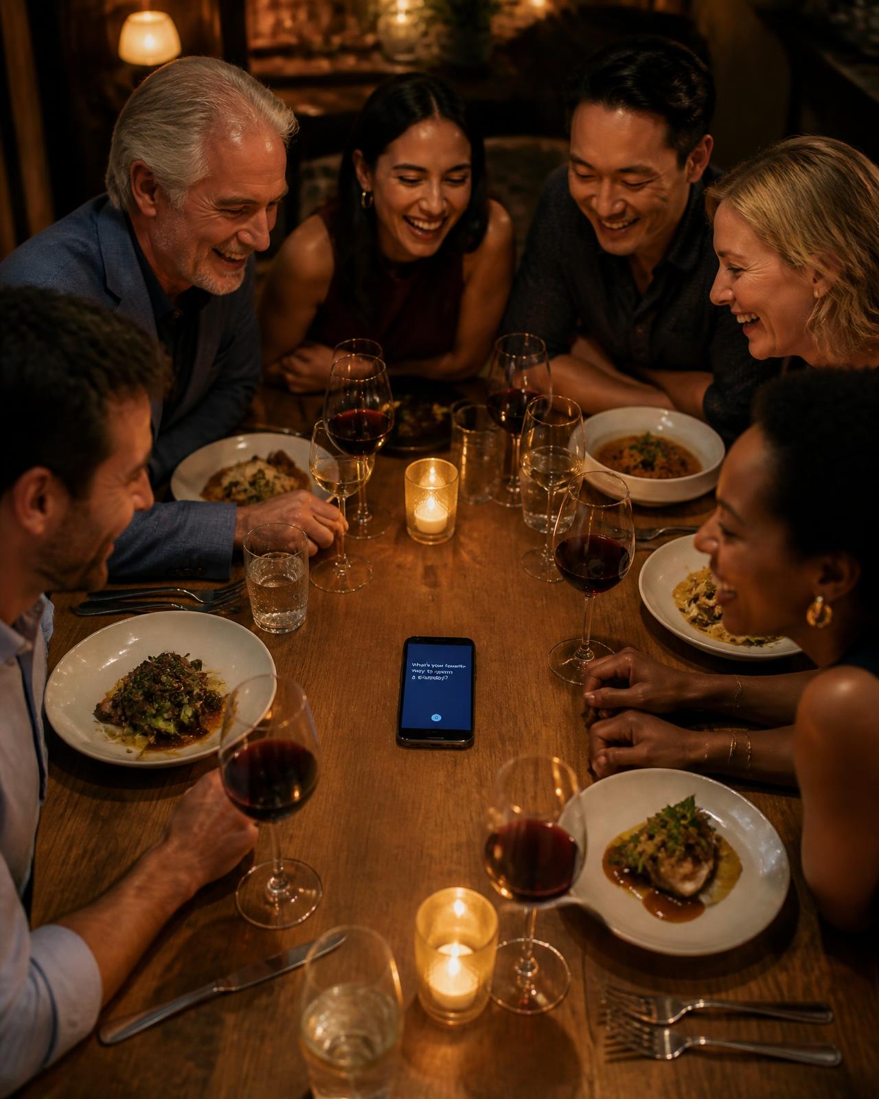 Convives en pleine conversation autour d'une table, un téléphone posé au centre